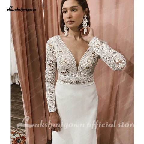 NumberSea Spitze Langarm Crepe Brautkleider 2025 Robe Satin Plus Größe Meerjungfrau Brautkleider Hochzeit 