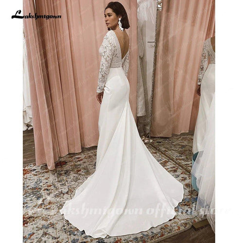 Robe de mariée en crêpe à manches longues dentelle NumberSea 2025, taille plus, style sirène, satinée, pour cérémonie de mariage
