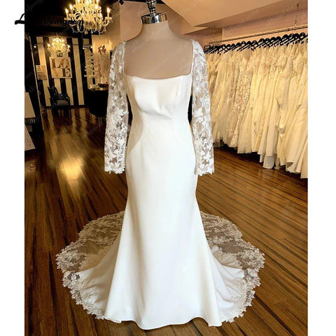 NumberSea Spitze Langarm Meerjungfrau Boho Hochzeit Kleid Für Frauen Brautkleid 2025 Scoop Neck Braut Kirche Spitze Hochzeit Kleider 