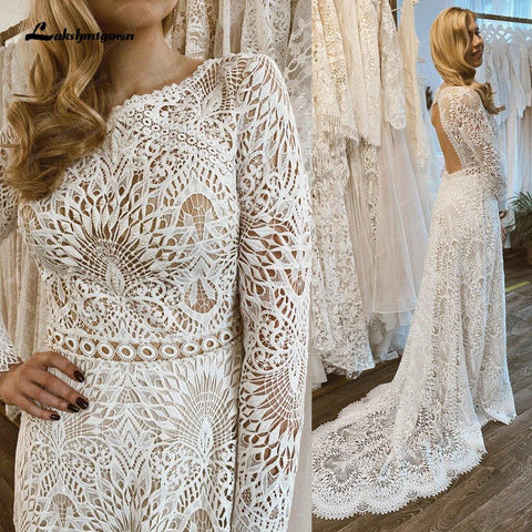 Vestidos de noiva de renda NumberSea, manga comprida, linha A, 2025, robes sensuais, recibo de noiva, praia, boho, vestidos de noiva sem costas 