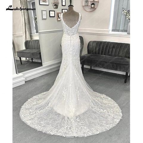 Vestidos de noiva estilo sereia com renda NumberSea, cauda longa, sem mangas, renda com aplicações, 2025 
