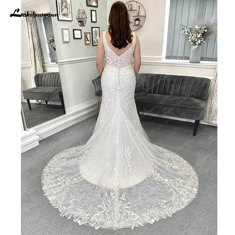 Vestidos de noiva estilo sereia com renda NumberSea, cauda longa, sem mangas, renda com aplicações, 2025 