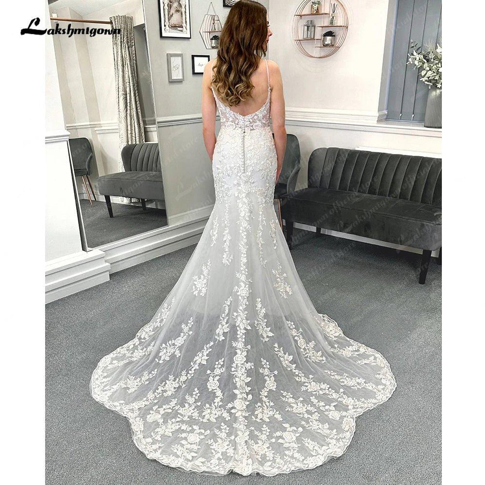 NumberSea Lace Mermaid Wedding Gowns for Women 2025 Plunging Sexy Bridal Boho Wedding Dresses Cut Out Court Train