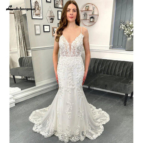 Vestidos de noiva estilo sereia com renda NumberSea para mulher 2025, vestidos de noiva boho sensuais e profundos, com cauda cortada 