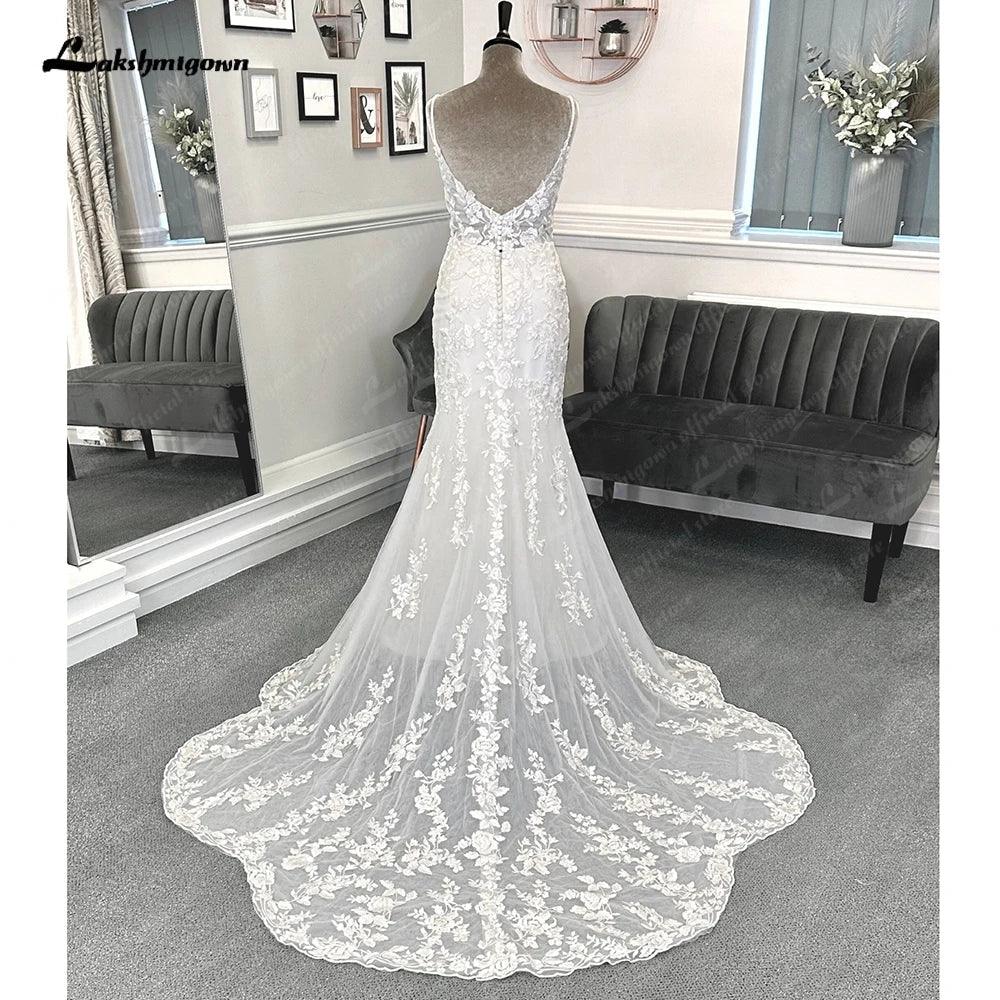 NumberSea Lace Mermaid Wedding Gowns for Women 2025 Plunging Sexy Bridal Boho Wedding Dresses Cut Out Court Train