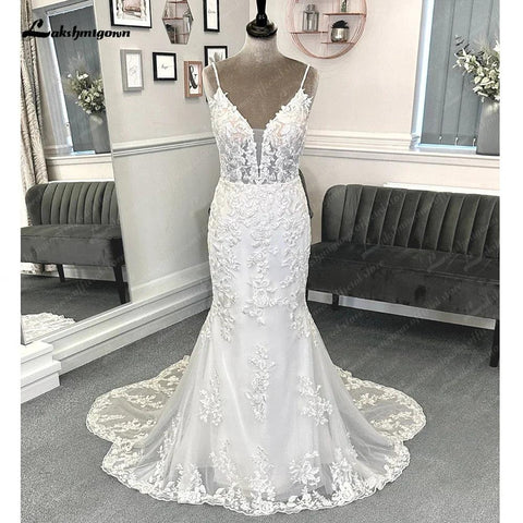 Vestidos de noiva estilo sereia com renda NumberSea para mulher 2025, vestidos de noiva boho sensuais e profundos, com cauda cortada 