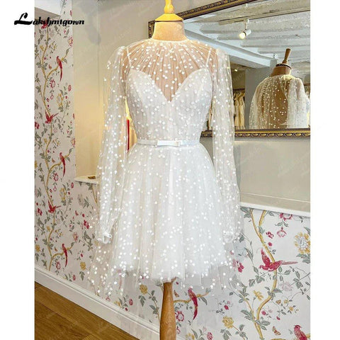 NumberSea Kurzes Spitzenhochzeitskleid mit abnehmbarer Jacke, gepunktetem Tüll und langen Ärmeln, Brautkleider, Robe de Mariage 