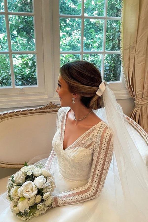 NumberSea Layered Tulle Ball Gown Lace V-neck Long Sleeves Wedding Dresses, MW985