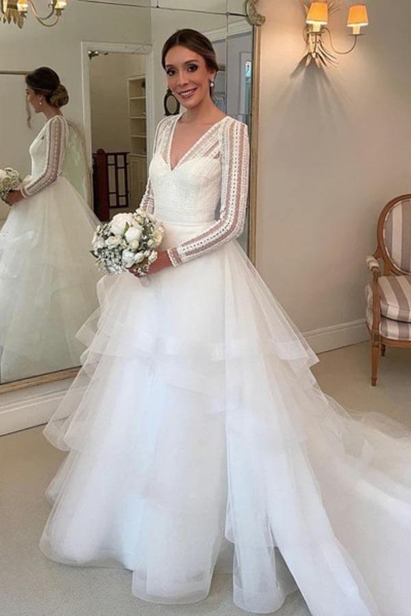 NumberSea Layered Tulle Ball Gown Lace V-neck Long Sleeves Wedding Dresses, MW985