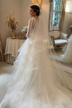 NumberSea Layered Tulle Ball Gown Lace V-neck Long Sleeves Wedding Dresses, MW985