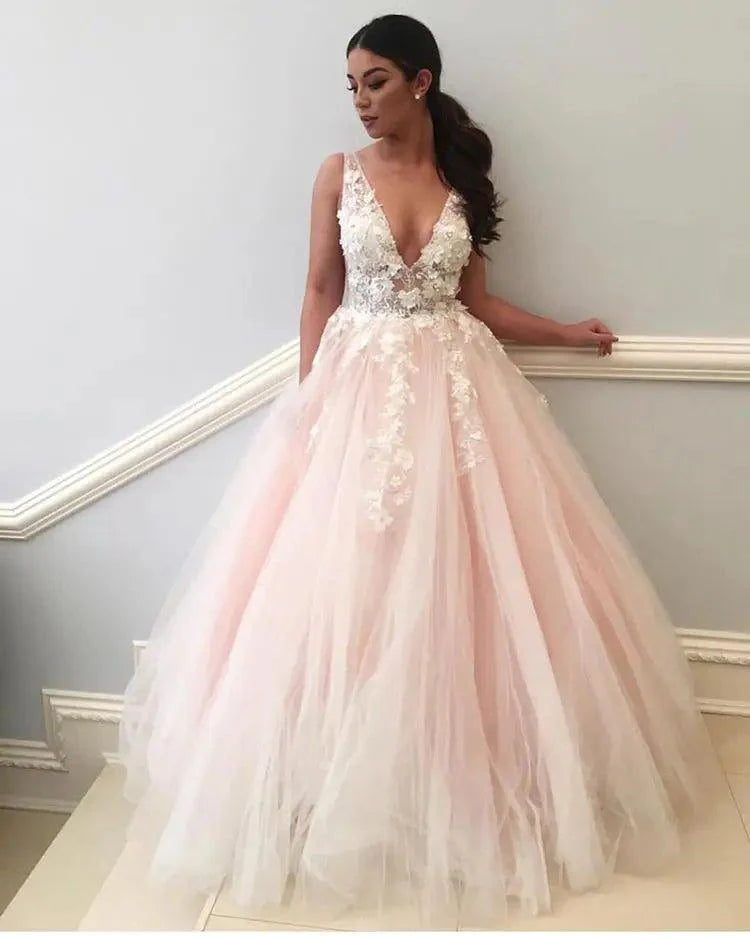 NumberSea Light Pink Wedding Dresses V Neck 3D Flowers Lace Appliques Pink Brida Dress Formal Pary Gowns Robe De Soiree