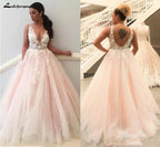 NumberSea Light Pink Wedding Dresses V Neck 3D Flowers Lace Appliques Pink Brida Dress Formal Pary Gowns Robe De Soiree