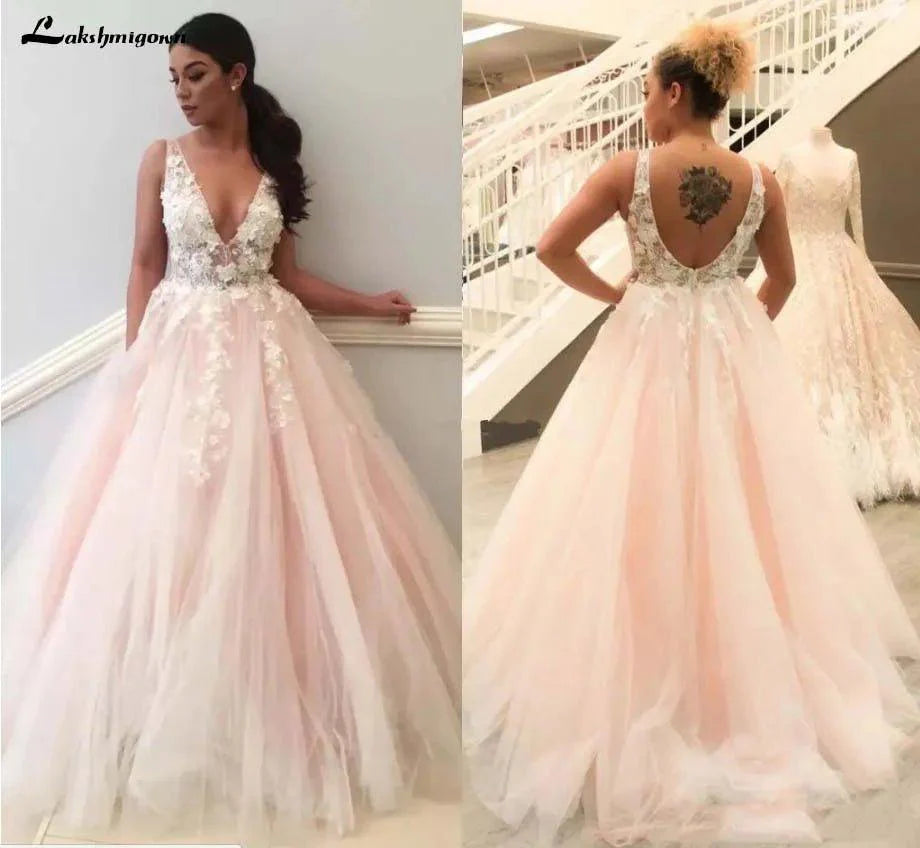 NumberSea Light Pink Wedding Dresses V Neck 3D Flowers Lace Appliques Pink Brida Dress Formal Pary Gowns Robe De Soiree