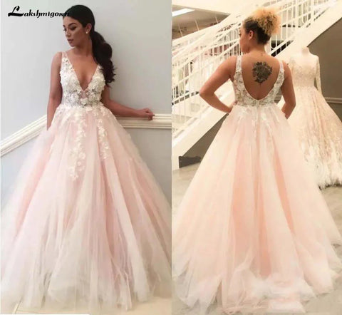 Vestidos de noiva NumberSea rosa claro, decote em V, flores 3D, aplicações de renda, vestido de noiva rosa, vestidos de cerimónia para festa, robe de soirée 