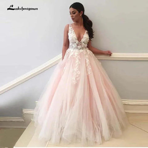 Vestidos de noiva NumberSea rosa claro, decote em V, flores 3D, aplicações de renda, vestido de noiva rosa, vestidos de cerimónia para festa, robe de soirée 