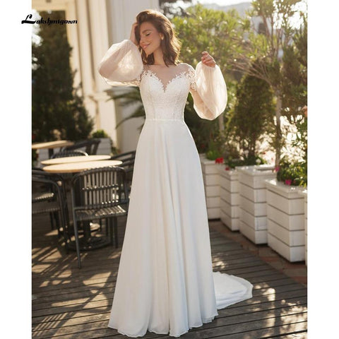 NumberSea Langärmlige Strand-Brautkleider aus Spitze