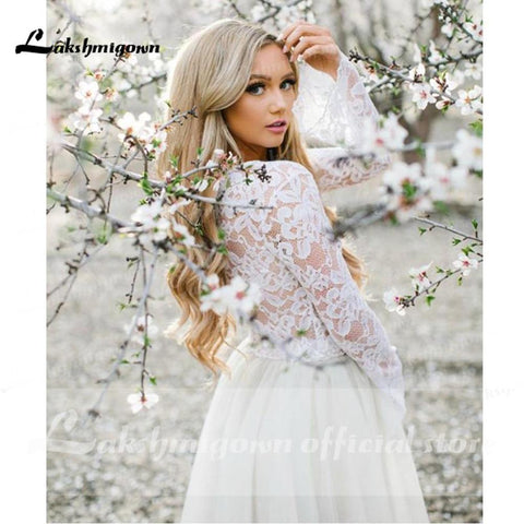 NumberSea Langarm Spitze O-Ausschnitt Kurzes Brautkleid im Bohème-Stil