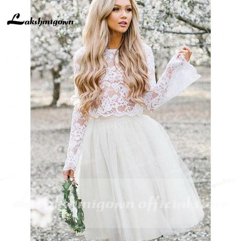 NumberSea Langarm Spitze O-Ausschnitt Kurzes Brautkleid im Bohème-Stil