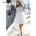 NumberSea Long Sleeve Lace Tulle O Neck Ball Gown Wedding Dresses With Back Buttons Knee Length Lakshmigown vestido de noiva princesa 2021