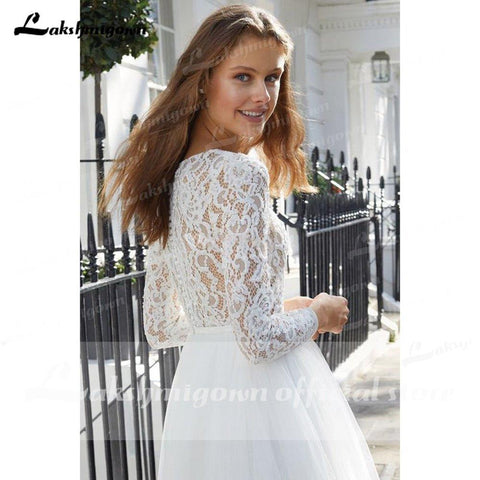 NumberSea Langarm Spitze Tüll O Neck Ballkleid Brautkleider Mit Zurück Tasten Knie Länge Lakshmigown vestido de noiva princesa 2021