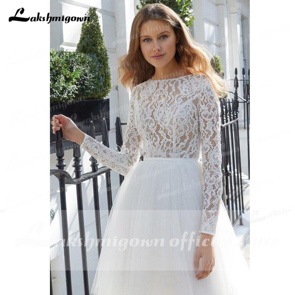 NumberSea Long Sleeve Lace Tulle O Neck Ball Gown Wedding Dresses With Back Buttons Knee Length Lakshmigown vestido de noiva princesa 2021