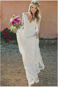 NumberSea Long Sleeve Lace V-Neck Ivory Vintage Beach Wedding Dresses,MW299