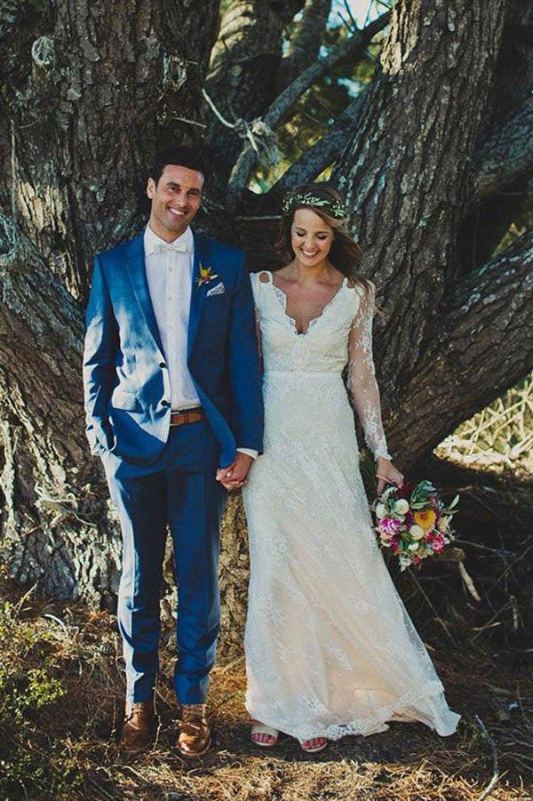NumberSea Long Sleeve Lace V-Neck Ivory Vintage Beach Wedding Dresses,MW299