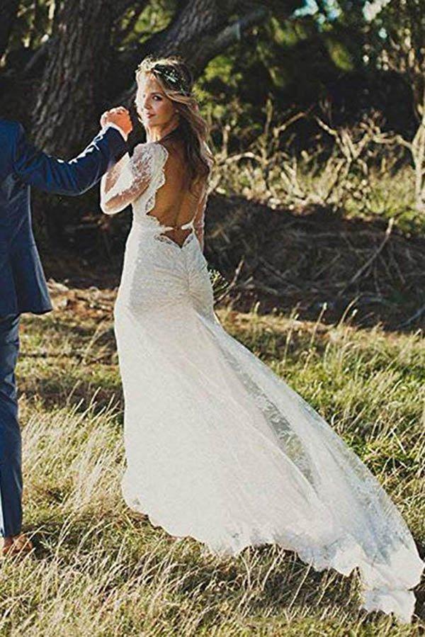 NumberSea Long Sleeve Lace V-Neck Ivory Vintage Beach Wedding Dresses,MW299