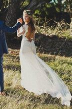 NumberSea Long Sleeve Lace V-Neck Ivory Vintage Beach Wedding Dresses,MW299