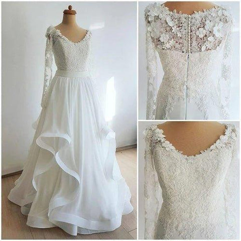 NumberSea Langarm Brautkleider A-Linie Bodenlang Rüschen Chiffon Spitze Brautkleid, MW434