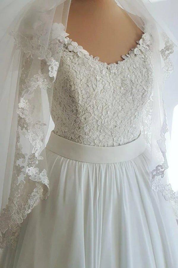 NumberSea Long Sleeve Wedding Dresses A-line Floor-length Ruffles Chiffon Lace Bridal Gown,MW434
