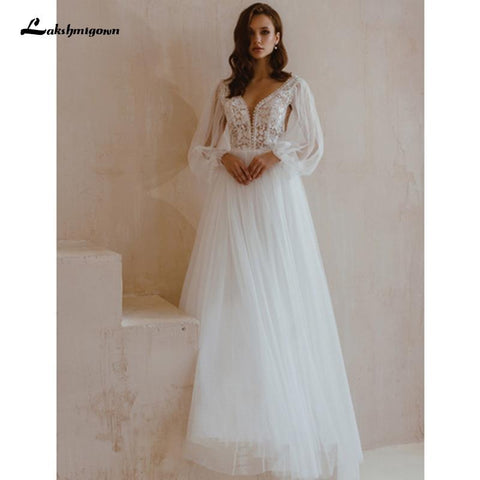 NumberSea Langarm Brautkleider A-Linie Schlicht Strand Chiffon