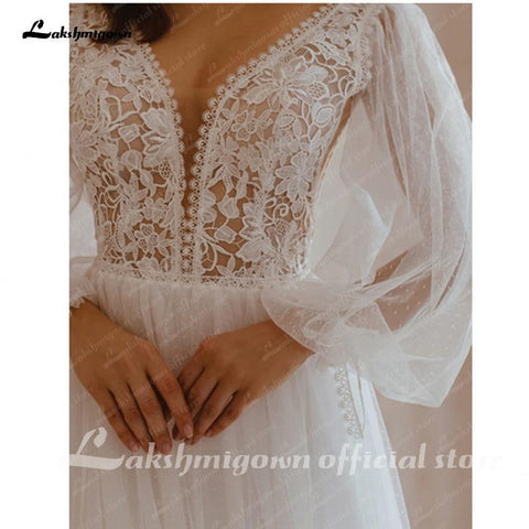 NumberSea Langarm Brautkleider A-Linie Schlicht Strand Chiffon