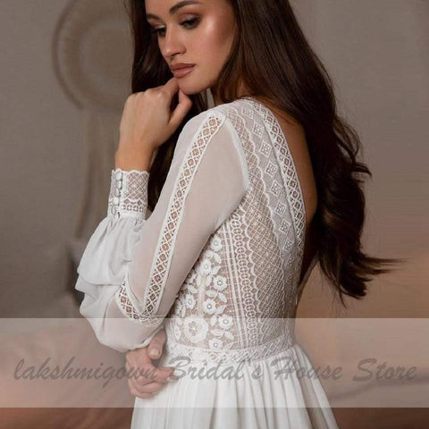 NumberSea Langarm Brautkleider A-Linie Schlicht Strand Chiffon