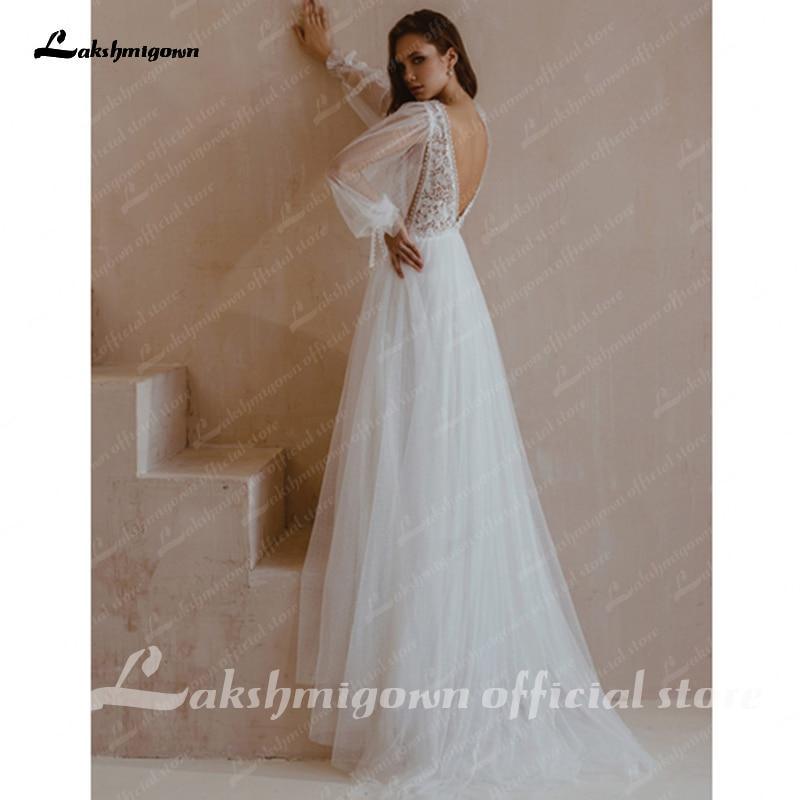 NumberSea Long Sleeve Wedding Dresses A Line Simple Beach Chiffon
