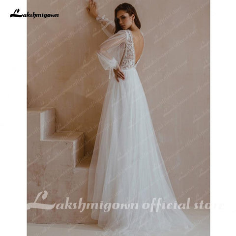 NumberSea Langarm Brautkleider A-Linie Schlicht Strand Chiffon