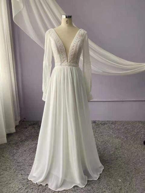 NumberSea Long Sleeve Wedding Dresses A Line Simple Beach Chiffon