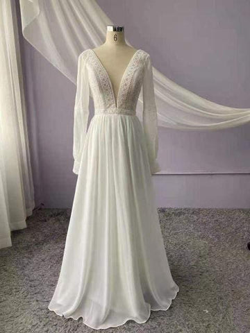 NumberSea Langarm Brautkleider A-Linie Schlicht Strand Chiffon