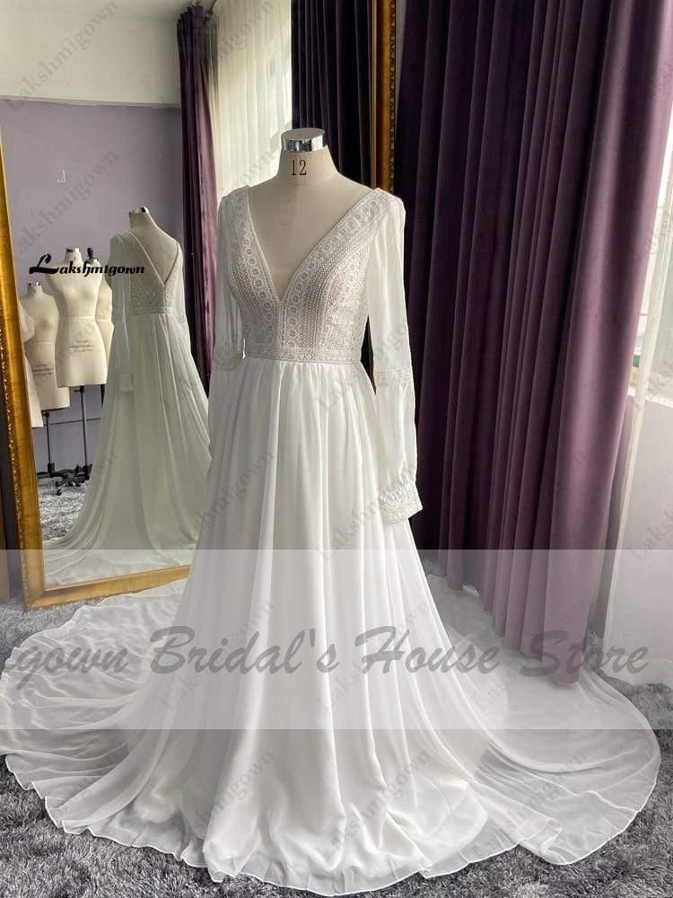 NumberSea Long Sleeve Wedding Dresses A Line Simple Beach Chiffon