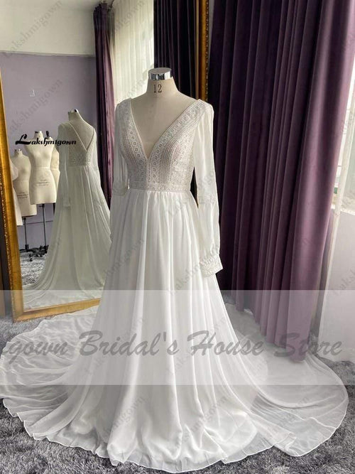 Robe de mariée à manches longues NumberSea Ligne A Simple Plage en Chiffon