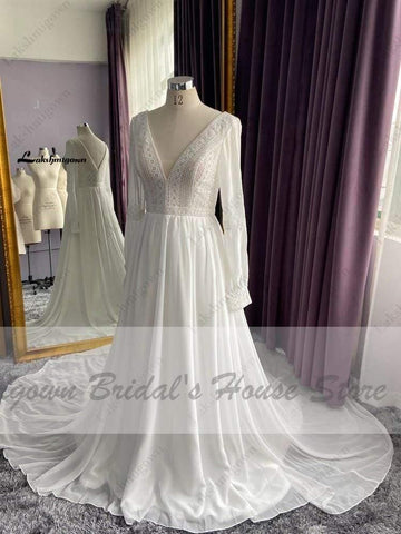 NumberSea Langarm Brautkleider A-Linie Schlicht Strand Chiffon