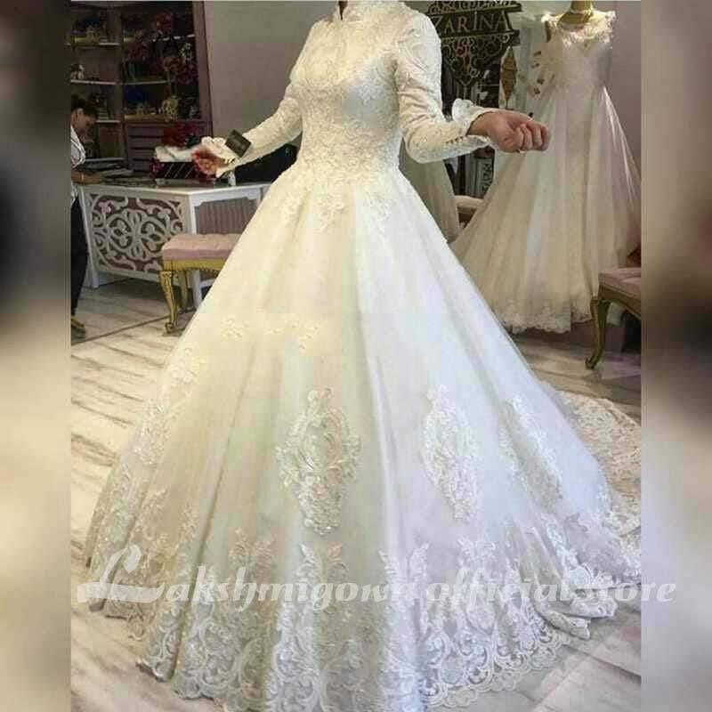 NumberSea Long sleeve wedding dresses Appliques Lace Muslim