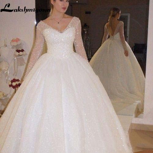 NumberSea Long Sleeve Wedding Dresses Backless Sweep Train