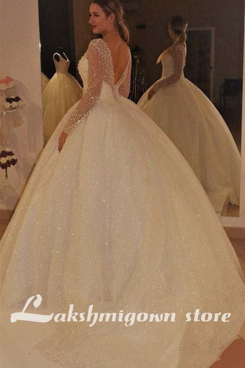 Robe de mariée à manches longues NumberSea dos nu avec traîne balayée
