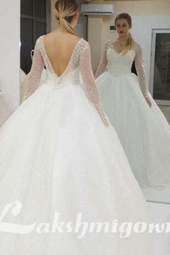 NumberSea Long Sleeve Wedding Dresses Backless Sweep Train