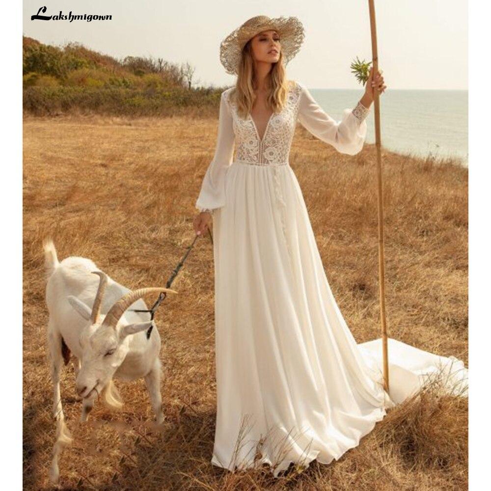 NumberSea Long Sleeves Beach Wedding Dresses Lace Deep V Neck