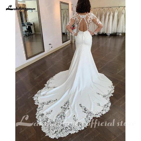NumberSea Vestidos de Noiva de Renda Sereia com Mangas Longas 2025 Ballkleider Vestidos de Noiva Femininos de Crepe Country Cauda Longa 