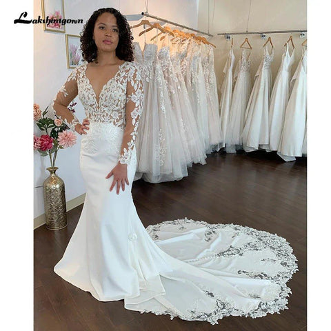 NumberSea Vestidos de Noiva de Renda Sereia com Mangas Longas 2025 Ballkleider Vestidos de Noiva Femininos de Crepe Country Cauda Longa 