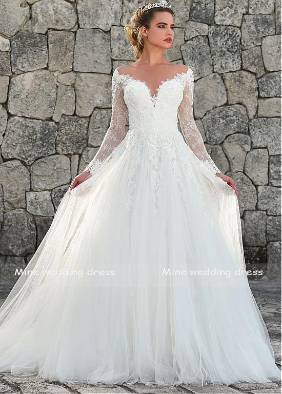 NumberSea Long Sleeves Illusion Scoop Neckline Wedding Dress Vintage Tulle Lace Appliques Bridal Gown Vestido De Noiva