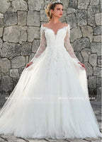 NumberSea Long Sleeves Illusion Scoop Neckline Wedding Dress Vintage Tulle Lace Appliques Bridal Gown Vestido De Noiva